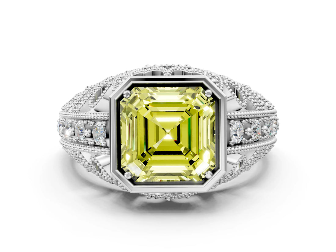 Platinum Fancy Yellow Asscher Cut Brilliant Milgrain Filigree Diamond Ring with Square Prong Setting_12
