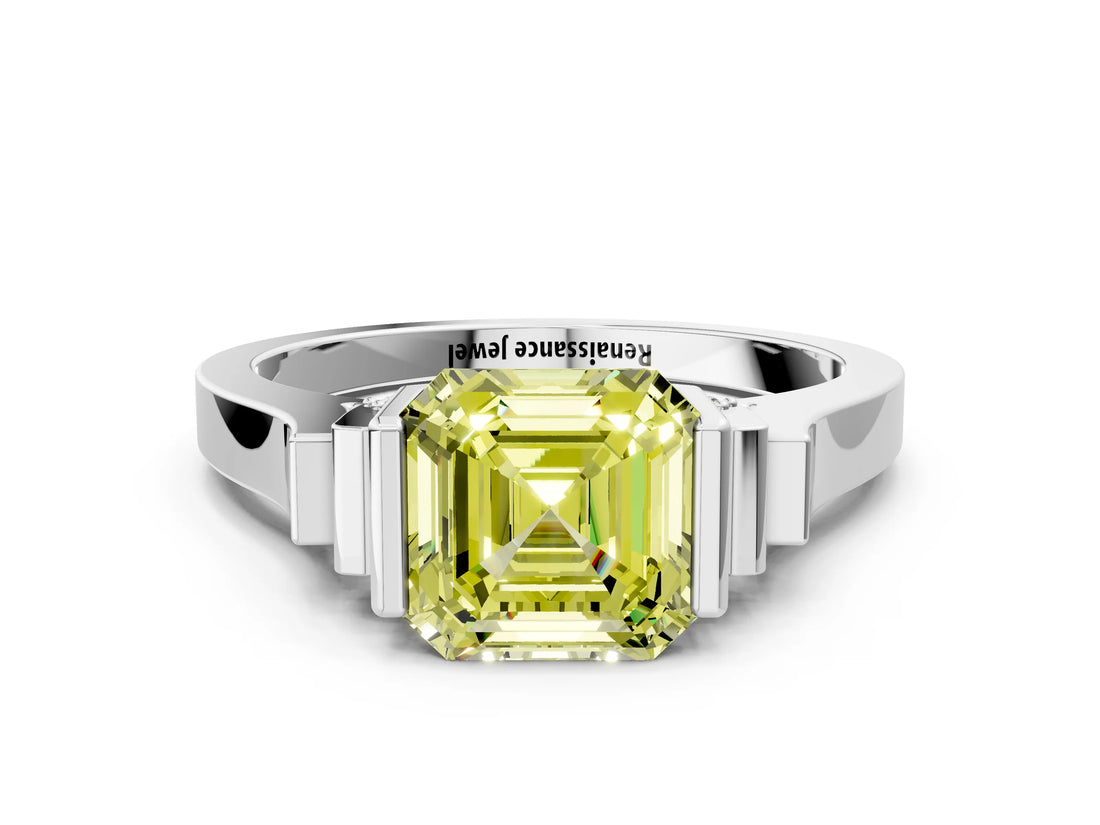 Platinum Fancy Yellow Asscher Cut Brilliant Solitaire Diamond Ring with Channel Set Band and Bar Prong Setting_12