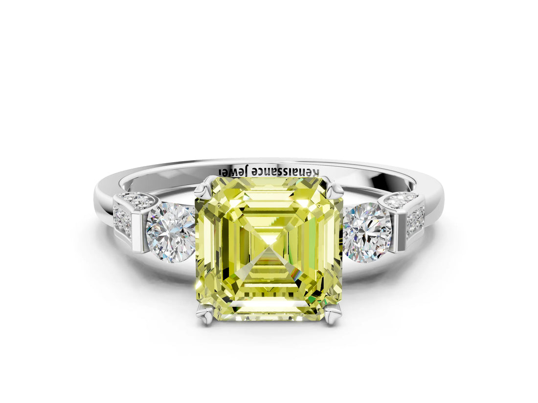Platinum Fancy Yellow Asscher Cut Brilliant Three-Stone Pave Band with Four-Prong Setting_6