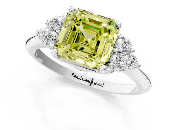 Platinum Asscher Cut Cluster Accent Engagement Ring Setting for Fancy Yellow Center