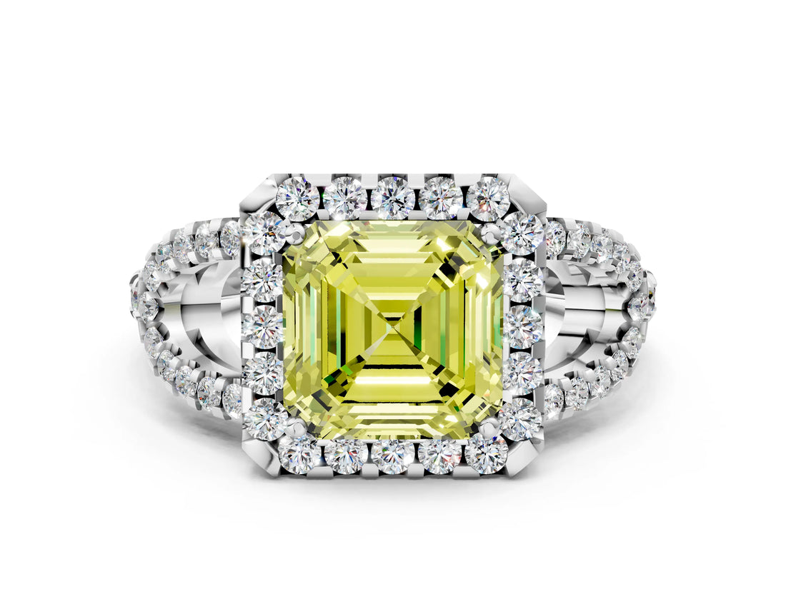 Platinum Fancy Yellow Asscher Cut Cut Diamond Halo Engagement Ring with Open Split Pavé Band_6