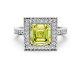 Platinum Fancy Yellow Asscher Cut-Cut Diamond Halo Engagement Ring with Pave Band and Prong Setting_12