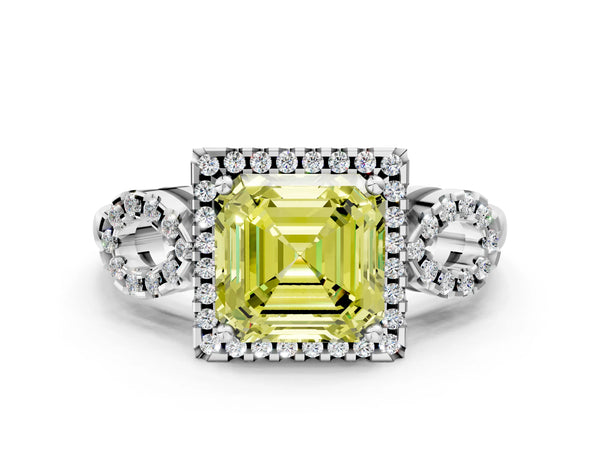 Platinum Asscher Cut Pave Infinity Halo Engagement Ring Setting for Fancy Yellow Center