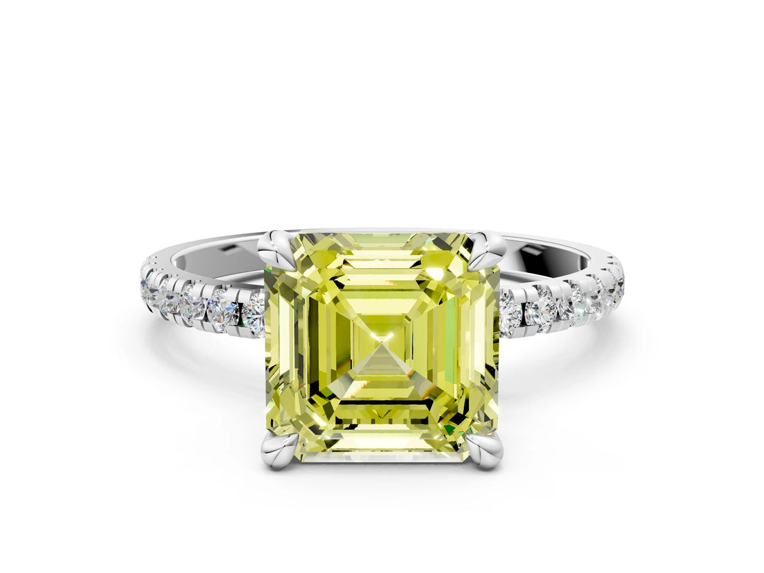 Platinum Fancy Yellow Asscher Cut Diamond Brilliant Solitaire Ring with Pavé Band and Four-Prong Setting_30