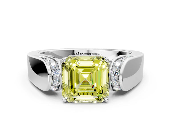 Platinum Asscher Cut Channel Set Engagement Ring Setting for Fancy Yellow Center with Wide Band