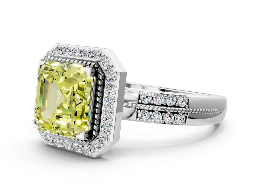 Platinum Fancy Yellow Asscher Cut Diamond Double Halo Ring with Split Shank and Four-Prong Setting_6