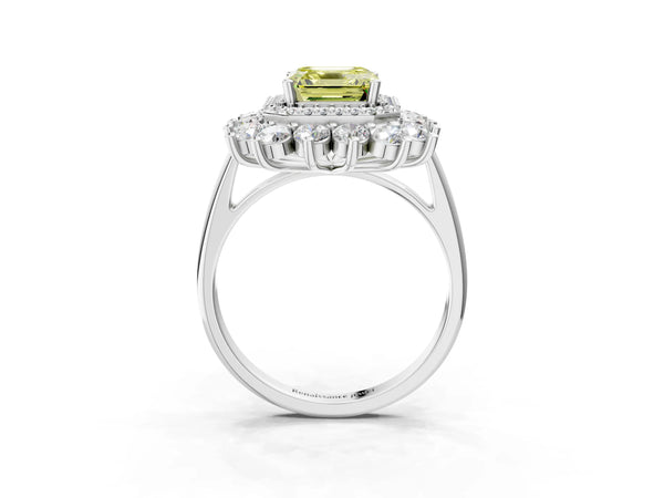 Platinum Asscher Cut Floral Double Halo Engagement Ring Setting for Fancy Yellow Center