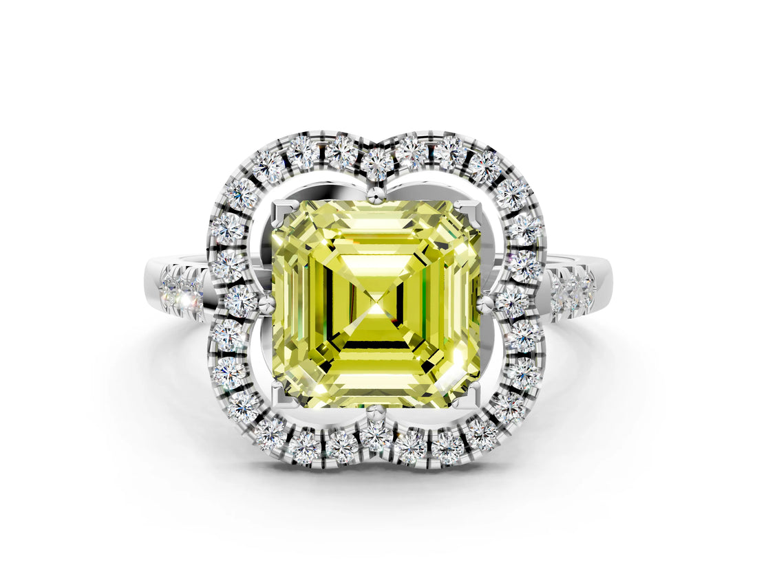 Platinum Fancy Yellow Asscher Cut Diamond Floral Halo Split Shank Prong Setting Ring_24