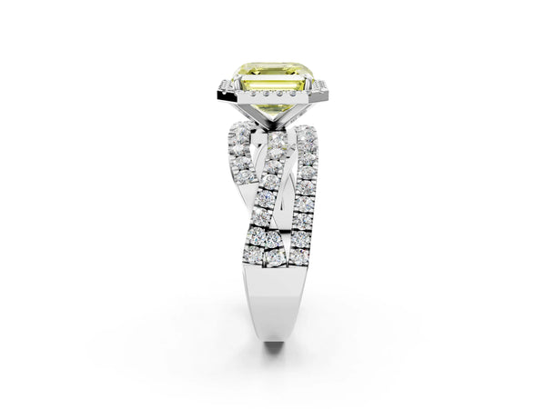 Platinum Asscher Cut Halo Twist Engagement Ring Setting for Fancy Yellow Center