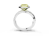 Platinum Fancy Yellow Asscher Cut Diamond Halo Ring with Round Split Shank and Prong Setting_3