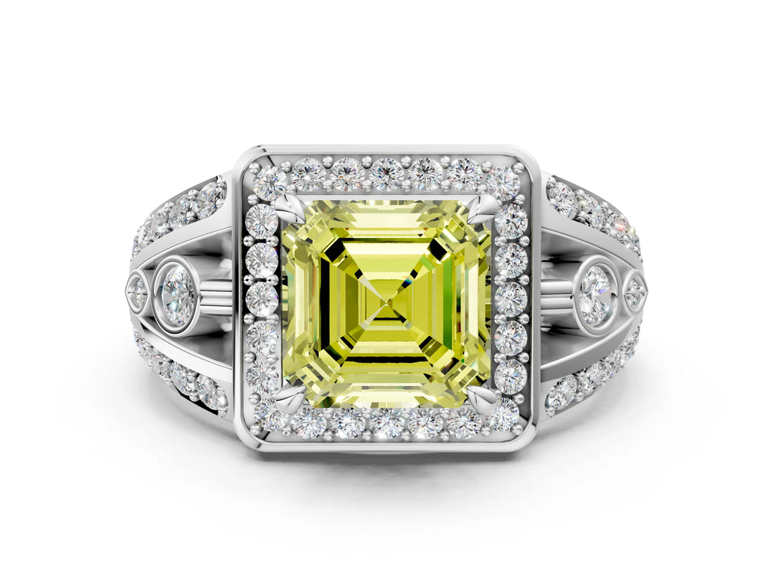 Platinum Fancy Yellow Asscher Cut Diamond Halo Ring with Split Shank and Bezel Accents and Four-Prong Setting_6