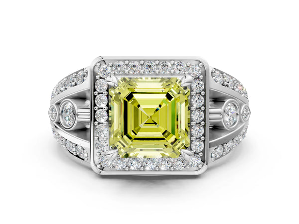 Platinum Asscher Cut Hidden Halo Split Shank Engagement Ring Setting for Fancy Yellow Center