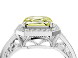 Platinum Fancy Yellow Asscher Cut Diamond Halo Ring with Split Shank and Bezel Accents and Prong Setting_10