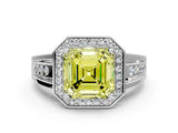 Platinum Fancy Yellow Asscher Cut Diamond Halo Ring with Split Shank and Bezel Accents and Prong Setting_6