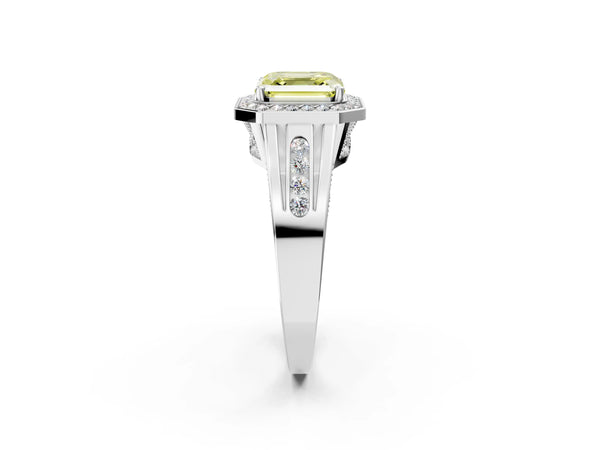 Platinum Asscher Cut Channel Set Halo Engagement Ring Setting for Fancy Yellow Center