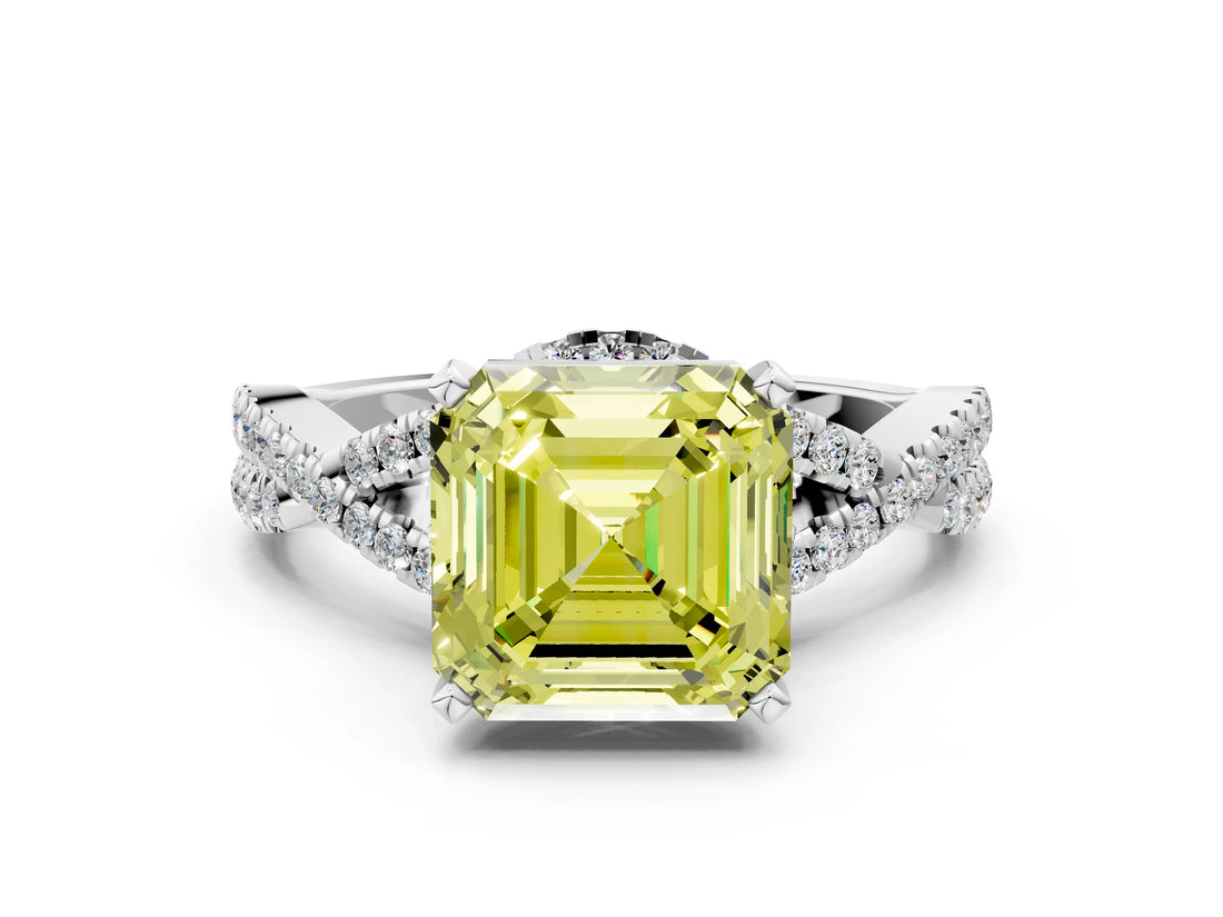 Platinum Fancy Yellow Asscher Cut Diamond  Halo Twist Band Solitaire Prong Setting Ring_12