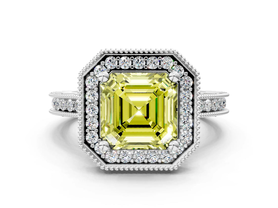 Platinum Fancy Yellow Asscher Cut Diamond Milgrain Halo Engagement Ring with Round Pavé Band and Prong Setting_12