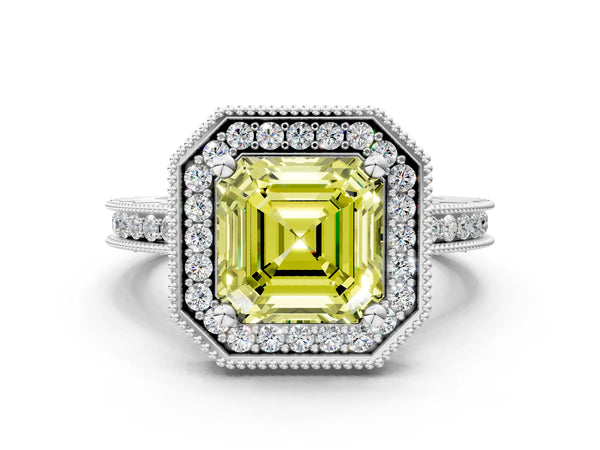 Platinum Asscher Cut Milgrain Hidden Halo Engagement Ring Setting for Fancy Yellow Center