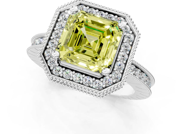 Platinum Asscher Cut Milgrain Hidden Halo Engagement Ring Setting for Fancy Yellow Center