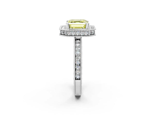 Platinum Asscher Cut Milgrain Hidden Halo Engagement Ring Setting for Fancy Yellow Center