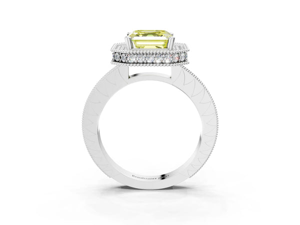 Platinum Asscher Cut Milgrain Hidden Halo Engagement Ring Setting for Fancy Yellow Center