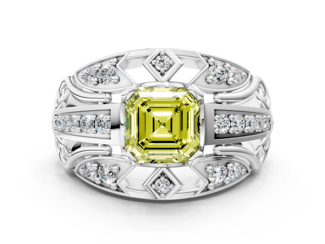 Platinum Fancy Yellow Asscher Cut Diamond Pave Art Deco Split Shank Ring with Four-Prong Setting_12