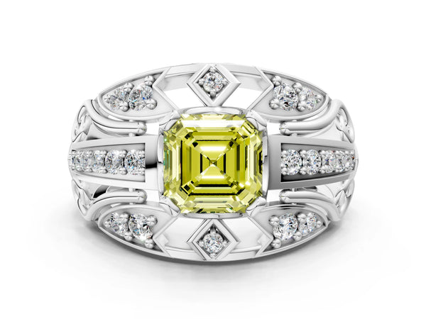 Platinum Fancy Yellow Asscher Cut Diamond Pave Art Deco Split Shank Ring with Four-Prong Setting