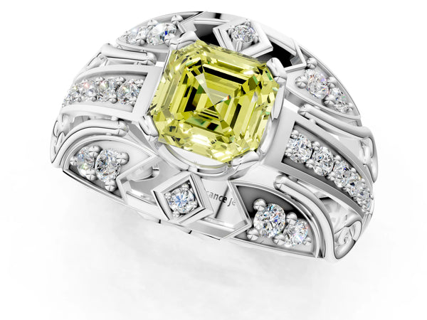 Platinum Fancy Yellow Asscher Cut Diamond Pave Art Deco Split Shank Ring with Four-Prong Setting