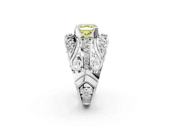 Platinum Fancy Yellow Asscher Cut Diamond Pave Art Deco Split Shank Ring with Four-Prong Setting