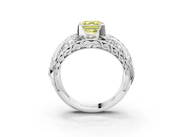 Platinum Fancy Yellow Asscher Cut Diamond Pave Art Deco Split Shank Ring with Four-Prong Setting