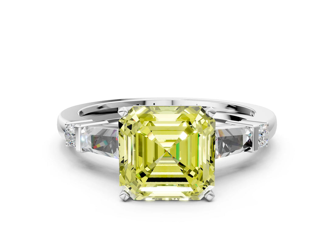 Platinum Fancy Yellow Asscher  Cut Diamond Ring with Baguette Side Stones, Channel Set Band, and Four-Prong Setting_36