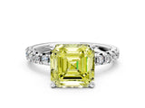 Platinum Fancy Yellow Asscher Cut Diamond Solitaire Pavé Engagement Ring with Round Band and Prong Setting