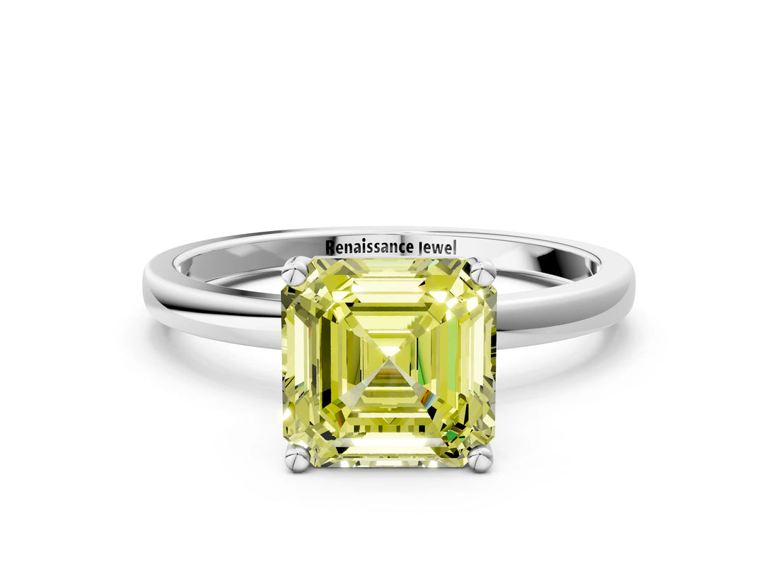 Platinum Fancy Yellow Asscher Cut Diamond Solitaire Ring with Classic Band and Four-Prong Setting_12