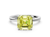 Platinum Fancy Yellow Asscher Cut Diamond Solitaire Ring with Thin Band and Prong Setting