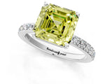 Platinum Fancy Yellow Asscher  Cut Diamond Solitaire with Pave Band and Four-Prong Setting 1