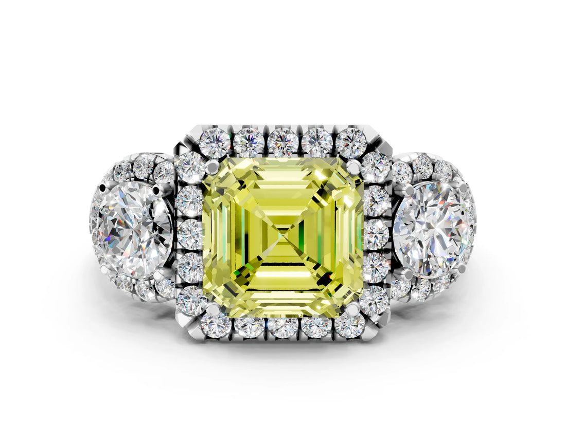 Platinum Fancy Yellow Asscher Cut Diamond Three-Stone Halo Ring with Prong Setting and Pavé Accents_6
