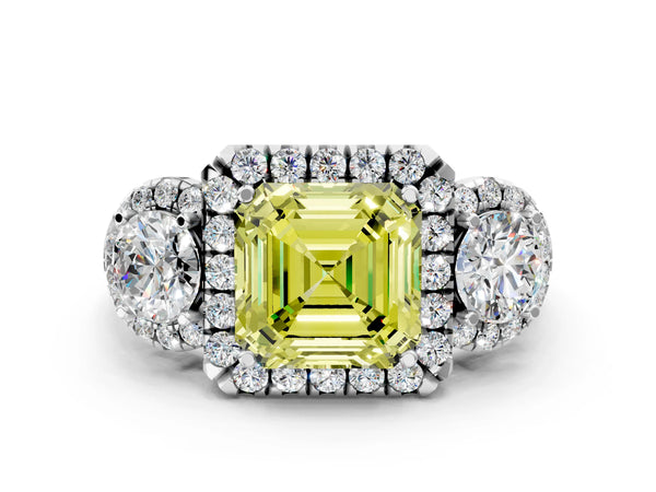 Platinum Asscher Cut Three Stone Halo Engagement Ring Setting for Fancy Yellow Center