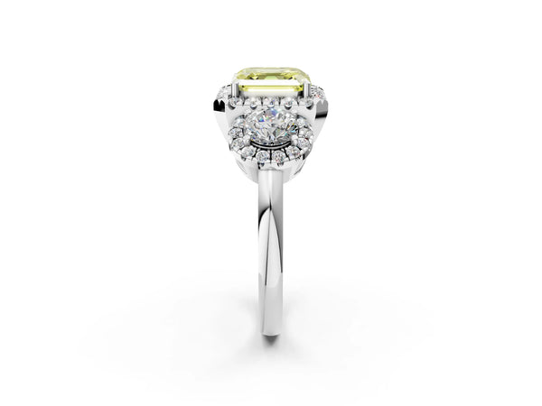 Platinum Asscher Cut Three Stone Halo Engagement Ring Setting for Fancy Yellow Center