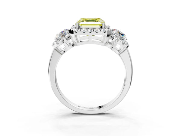 Platinum Asscher Cut Three Stone Halo Engagement Ring Setting for Fancy Yellow Center