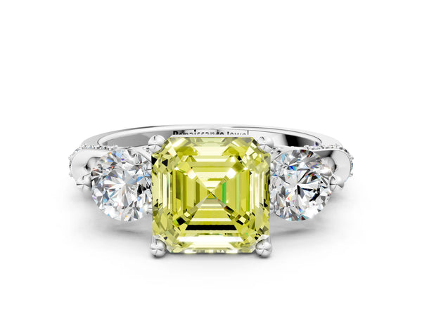 Platinum Asscher Cut Curved Pave Three Stone Engagement Ring Setting for Fancy Yellow Center
