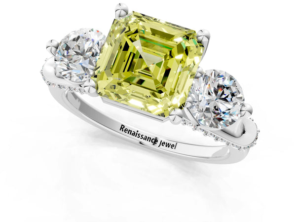 Platinum Asscher Cut Curved Pave Three Stone Engagement Ring Setting for Fancy Yellow Center