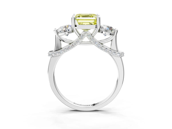 Platinum Asscher Cut Curved Pave Three Stone Engagement Ring Setting for Fancy Yellow Center