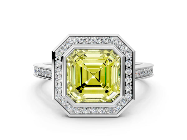 Platinum Fancy Yellow Asscher Cut Halo Bezel Diamond Pave Band Ring