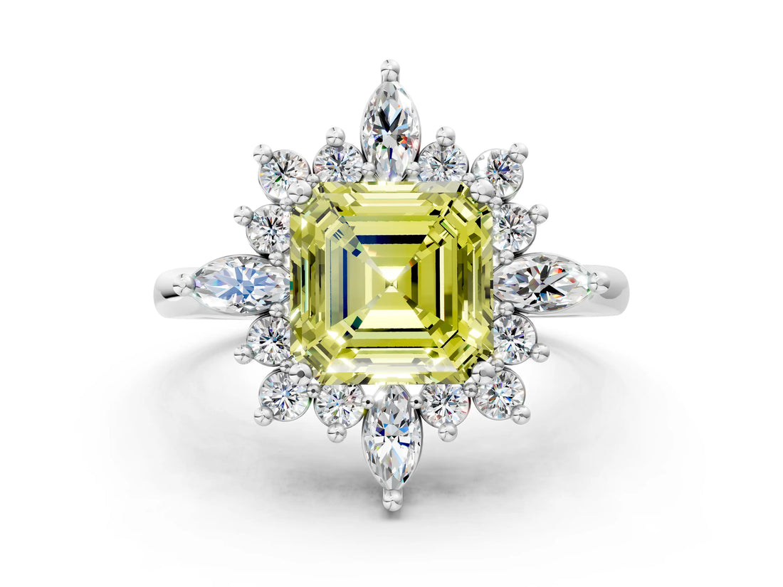 Platinum Fancy Yellow Asscher Cut Halo Diamond Cluster Ring with Marquise and Round Stones on a White Gold Band with Prong Setting