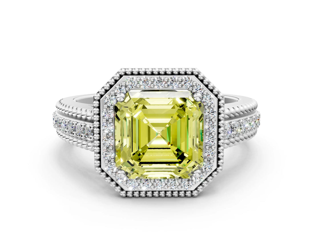 Platinum Fancy Yellow Asscher Cut Halo Diamond Ring with Beaded Split Shank and Four-Prong Setting_6