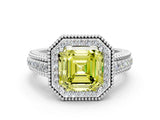 Platinum Fancy Yellow Asscher Cut Halo Diamond Ring with Beaded Split Shank and Four-Prong Setting_6