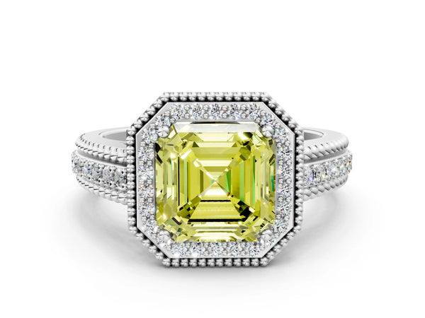 Platinum Asscher Cut Beaded Halo Engagement Ring Setting for Fancy Yellow Center with Pave