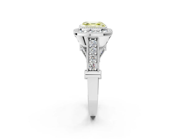 Platinum Asscher Cut Vintage Bezel Halo Engagement Ring Setting for Fancy Yellow Center