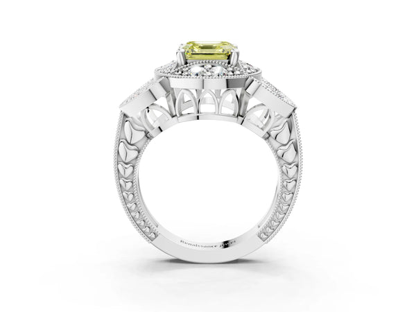 Platinum Fancy Yellow Asscher Cut Halo Milgrain Diamond Engagement Ring with Leaf Band and Four-Prong Setting