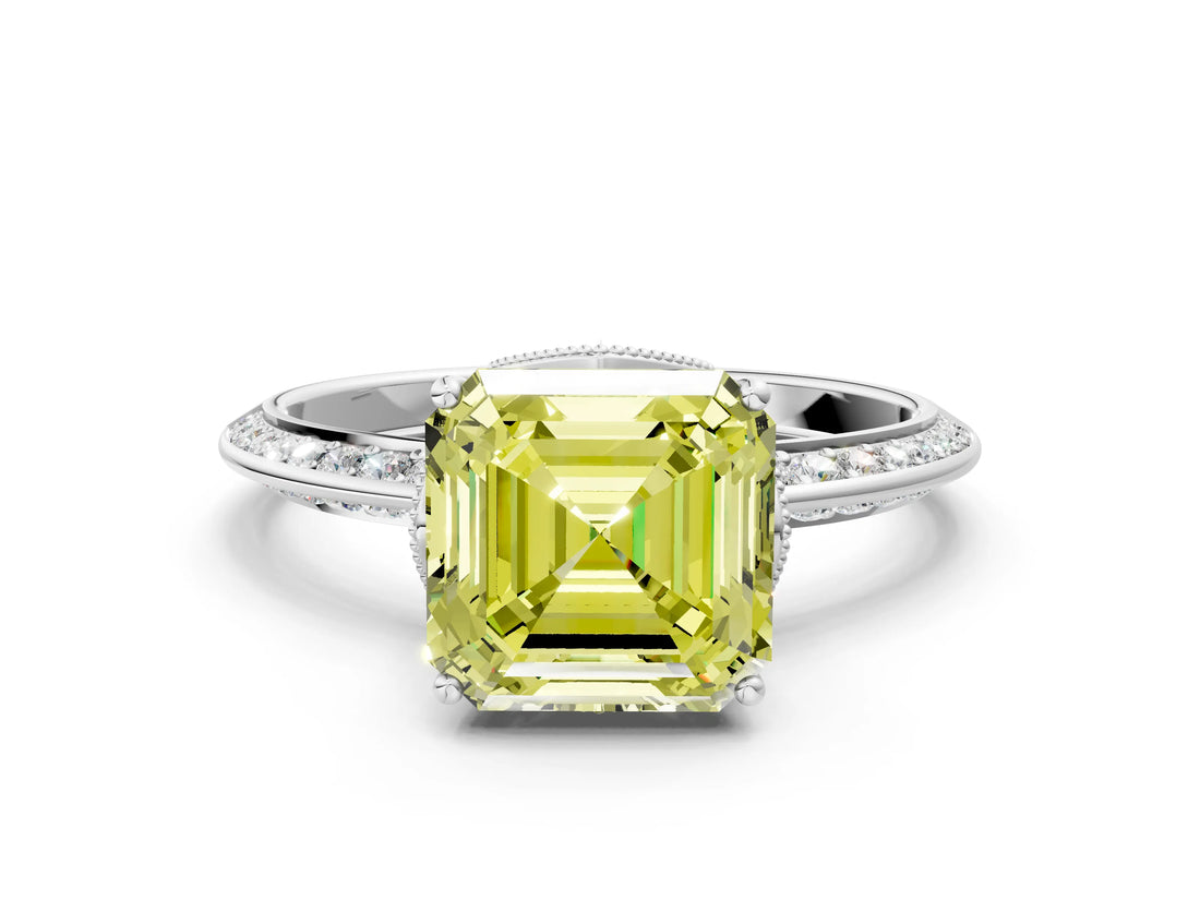 Platinum Fancy Yellow Asscher Cut Solitaire Split Shank Pave Diamond Engagement Ring with Four-Prong Setting_6